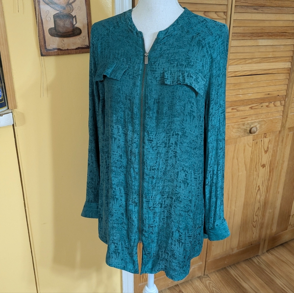 Rock & Republic Burnout Zip Up Tunic Teal Green Roll Tab Long Sleeve Blouse L